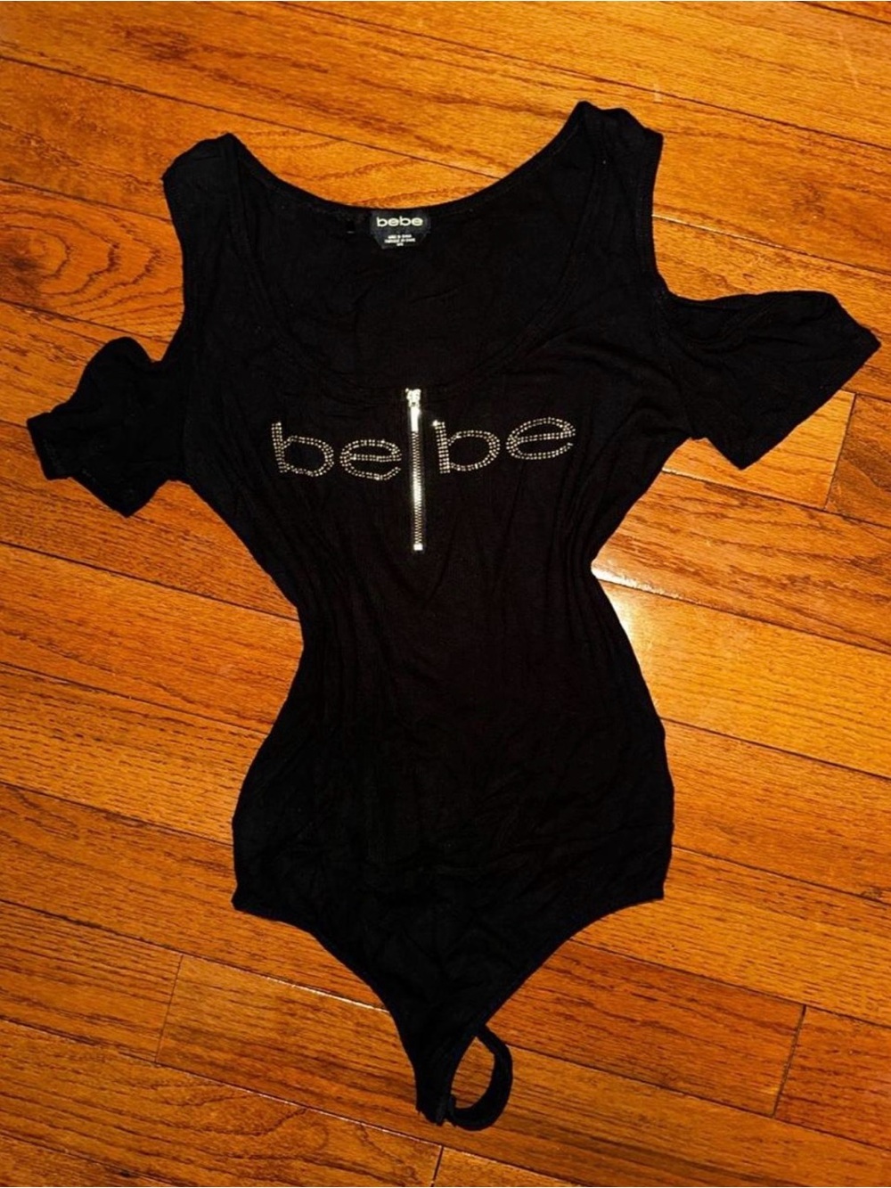 bebe Black Cold-Shoulder Logo Bodysuit with Rhinestone Zip Detail